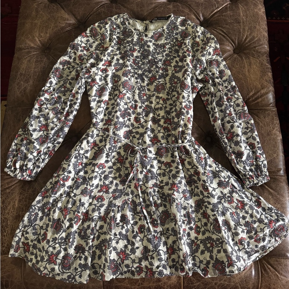 Zara Womens Floral Long Sleeve Dress - Grey, lavender and orange accents